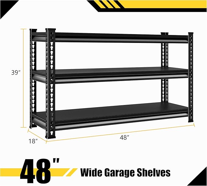Metal Garage Shelving Heavy Duty，1530LBS Loads Garage Storage Shelves, 48”W 3-Tier Adjustable Storage Racks and Shelving Units for Garage Basement and Kitchen, 48”W x 18”D x 39”H,Black