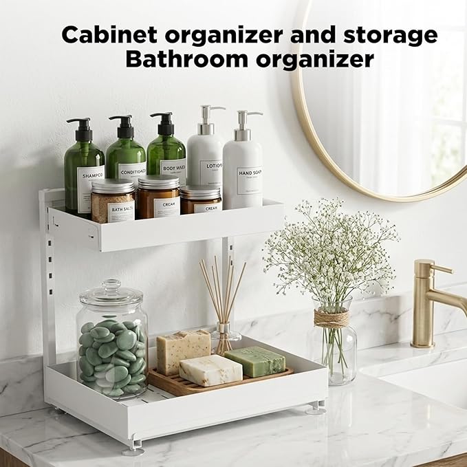 TATAANTY Under Sink Organizer 2 Pack, 2 Tier Metal Under the Sink Storage, Heavy Duty Slide out Pull out Cabinet Organizer, Height Adjustable Pull Out Cabinet Organizer for Kitchen Bathroom