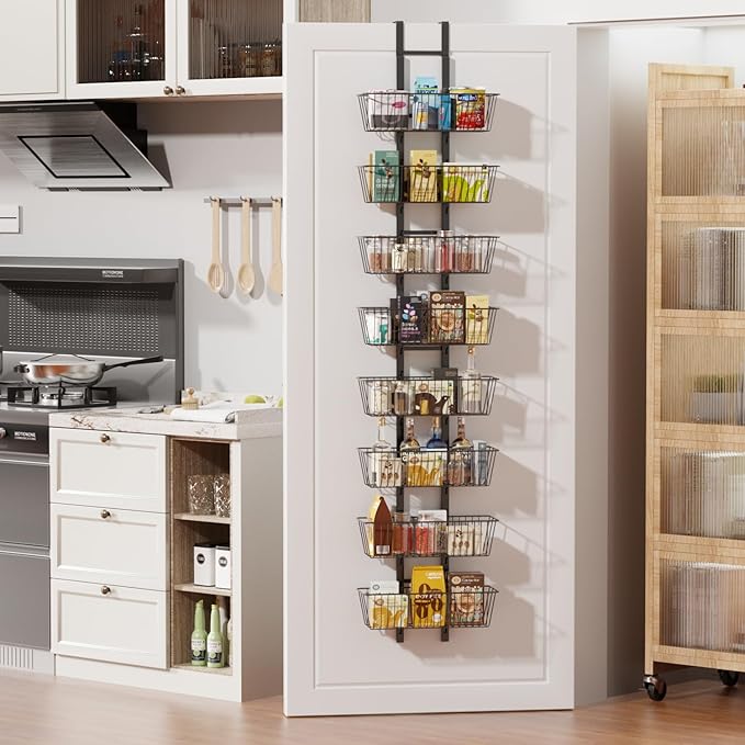 8-Tier Over the Door Organizer with Baskets - Metal Spice Rack Hanging Storage Rack for Pantry, Kitchen, Spices & Laundry, Adjustable Shelves, Heavy Duty Hanging Storage Organizer Door Mount, Black