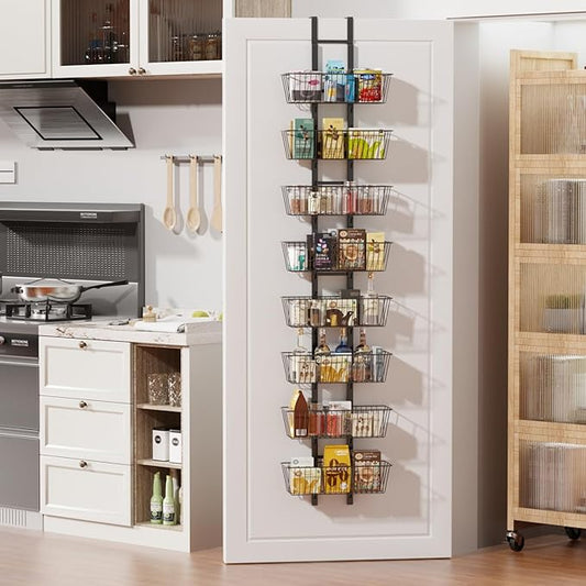 8-Tier Over the Door Organizer with Baskets - Metal Spice Rack Hanging Storage Rack for Pantry, Kitchen, Spices & Laundry, Adjustable Shelves, Heavy Duty Hanging Storage Organizer Door Mount, Black