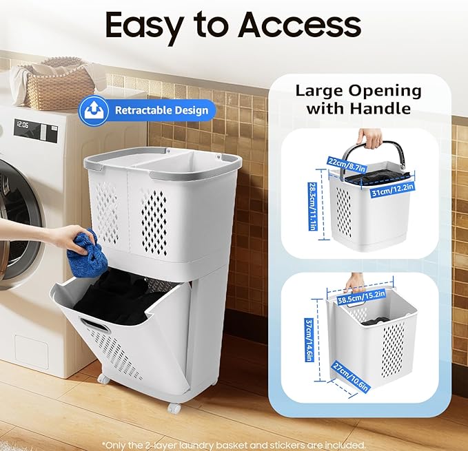 2-Layer Rolling Laundry Hamper, Wheeled Laundry Sorter Removable Laundry Basket, Thick Storage Rack Classification Compact 17x12in Tiered Hamper 4 Partitions for Dorms, Bathrooms
