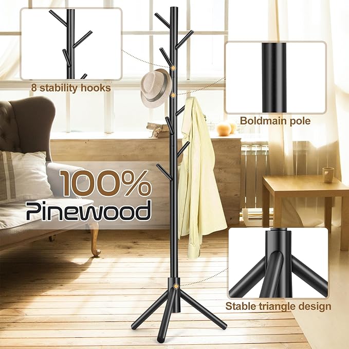 Solid Wooden Coat Rack Freestanding, New Zealand Pine Coat Tree with 8 Hooks & 3 Adjustable Sizes for Coats, Hats, Handbags and Scarves, Space Saving for Entryway/Office/Bedroom (Black)