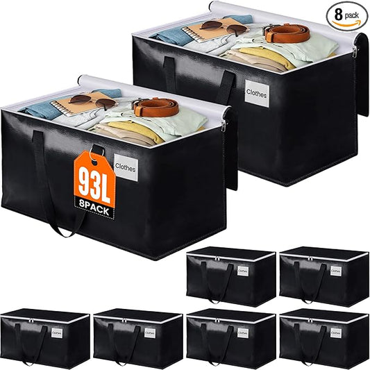 BlissTotes Moving Bags, Heavy Duty Moving Boxes with Zippers Top and Sturdy Handles, Storage Bags for Space Saving and Packing, Collapsible Moving Supplies, Storage Totes (93L, 8-Pack, Black)