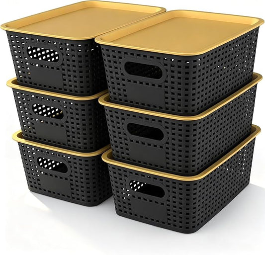 AREYZIN Plastic Storage Bins with Lid,Stackable Storage Bins and Storage Baskets for Shelves,Small Baskets for Organizing, Small Storage Bins,10.2x7.2x4.1 Inch,6-Pack, Black