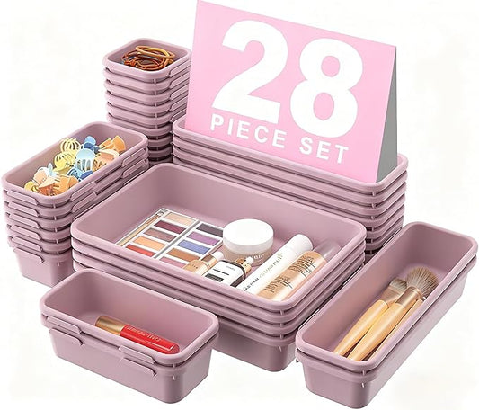 A-LuGei 【𝟮𝟴𝗣𝗖𝗦】 【𝟱𝗦𝗶𝘇𝗲】 Purple Drawer Organizer, Makeup organizer, 【Holds 177 Items】 Bathroom Organizers and Storage, Plastic Desk Organizer Divider, Organizer Bins for Office Vanity