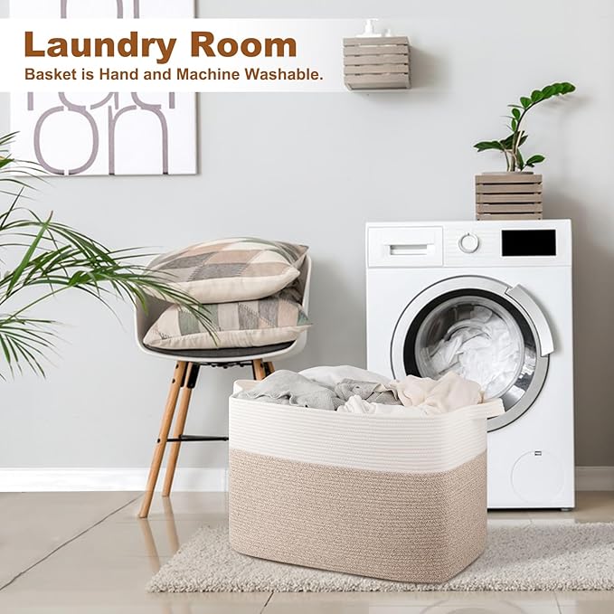 OIASKET XXXL Supre Large Blanket Basket for Clothes, Towels, Pillows, 108L Cotton Rope Storage Basket for Living Room, Woven Toy Storage for Kids, 25" x 16" x 16", Brown and White