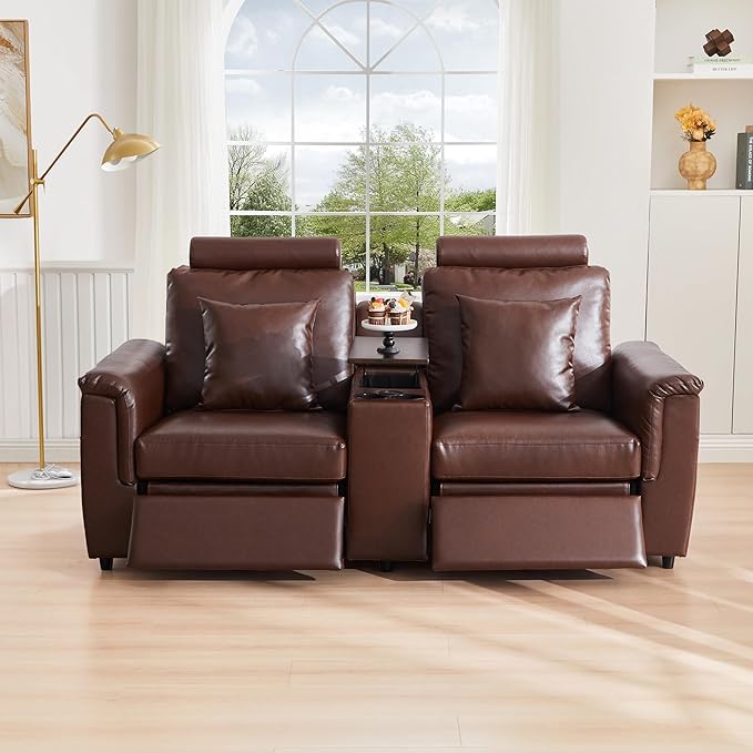 LEVNARY 2-Seater Modular Reclining Sofa with Center Console, Upholstered Faux Leather Power Recliner Loveseat with Cup Holders, USB Charging, Side Pockets & 2 Pillows, Living Room Furniture (Brown)
