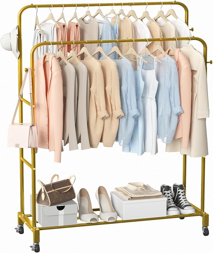Sooyee Double Rod Clothing Rack with Wheels,3 Tier Garment Racks for Hanging Clothes,Portable Clothes Rack with 4 Hooks for Bedroom,Laundry Room,Gold