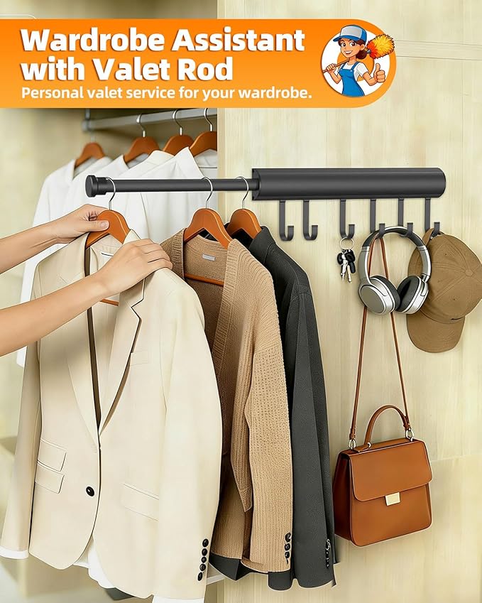 12 inch Valet Rod for Closets Pull Out, Closet Rods Extenders for Hanging Clothes Telescoping Adjustable With 6 Hooks (Black, 12 Inch-2 Pack)