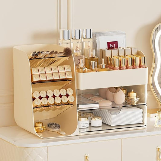 Makeup Organizer with Drawers, Large Capacity Countertop Organizer for Vanity, Bathroom and Bedroom Desk Cosmetics Organizer, Easy To Storage Skincare,Brushes, Eyeshadow,Lipstick (Cream)