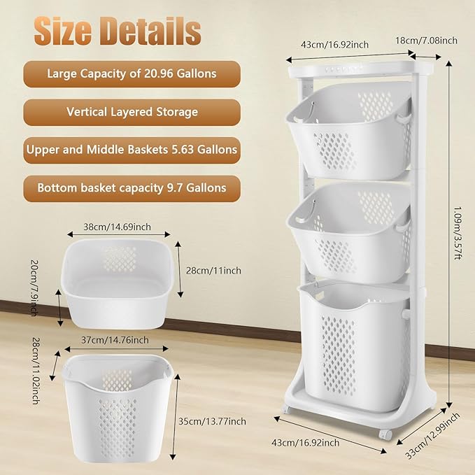 Laundry Basket Organizer, 3-Tier Rolling Laundry Basket with Wheels, Laundry Hamper Sorter for Bathrooms, Bedrooms, Classrooms, Laundry Rooms Clothes Storage