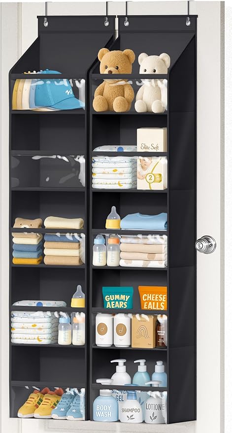 AOODA 2 Pack Over the Door Organizer, Large Capacity Closet Door Hanging Organizer, Clear Deep Pockets Baby Storage for Nursery, Bathroom, Bedroom, Pantry, Diapers (Black)