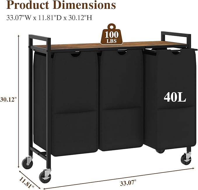 Laundry Sorter with Wheels & 100lb Top Shelf, Rolling 3 Section Removable Pull-Out Fabric Bags Hamper Basket, Sturdy Rustic Brown Black Iron Organizer for Room Organization