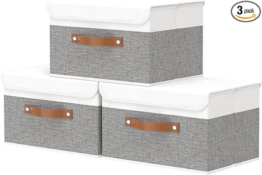 OUTBROS Large Fabric Storage Box with Lid, Collapsible Wardrobe Organiser, Linen Cubes For Towels, Clothes, 13 x 9.1 x 7.9 inch (White/Grey, 3-Pack)