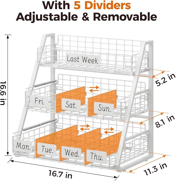 Sevenblue Upgraded Egg Holder Countertop with Removable 5 Dividers & Date Plate, 3 Tier Pull Out Large Egg Basket for Gathering Fresh Eggs, Kitchen Organizer, The Size - 16.7“x16.6”x11.3