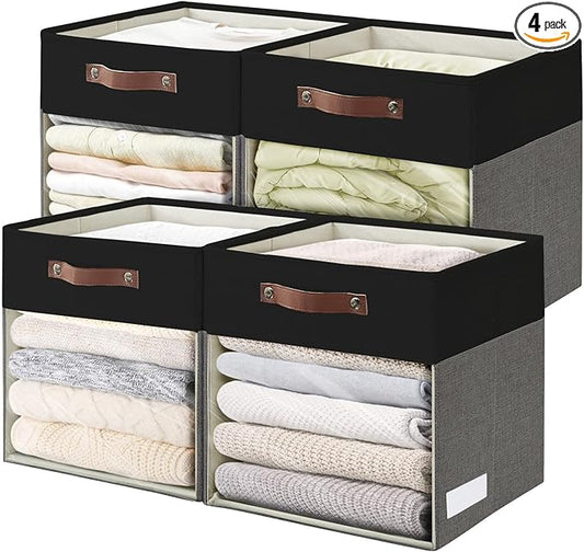 Bagnizer Storage Cubes, 4 Pack Linen Foldable Storage Bins (13 x 13 inch) with Clear Window and Handles, Fabric Organizer for Shelf Closet, Clothes, Books - (Gray and Black)