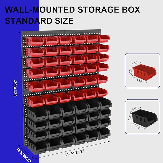 Wall Mounted Storage Bins, Nut and Bolt Organizer, Plastic Bolt Bin, Screw Organizer, Storage Bins for Garage (RED+BLACK, LARGE(60PCS))