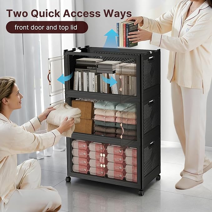 UAMFURI Stackable Storage Bins with Lids, 240QT Closet Organizers, Lockable Storage Cabinet，Foldable Storage Box with Doors and Wheels, Plastic Drawers for Home, Garage, Office (5, Black, Medium)