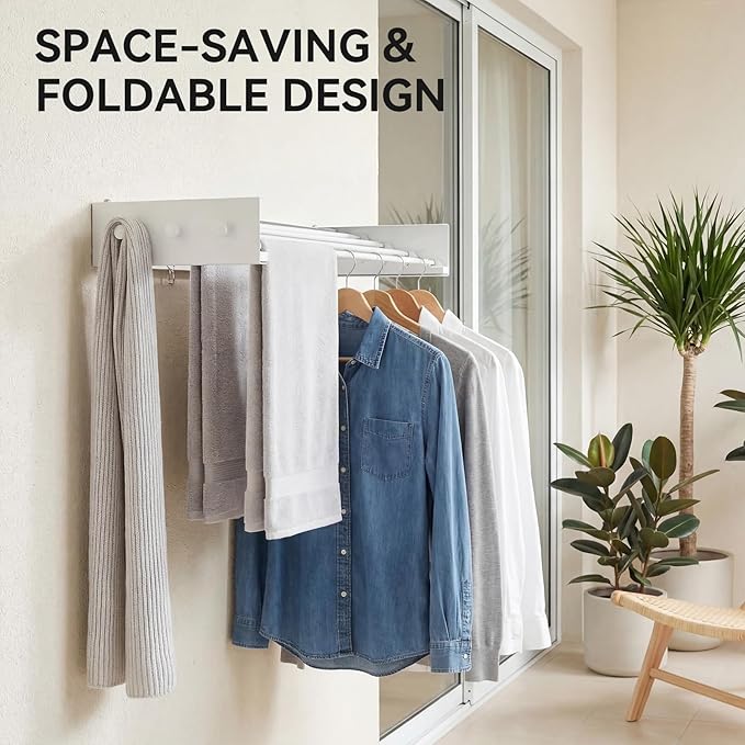 Collapsible Laundry Drying Rack Wall Mounted - 31.5 Inch Metal Clothing Drying Rack with 6+6 Hooks, Retractable Foldable Dryer Racks for Laundry Drying Indoor, Heavy Duty Towel & Coat Hanger