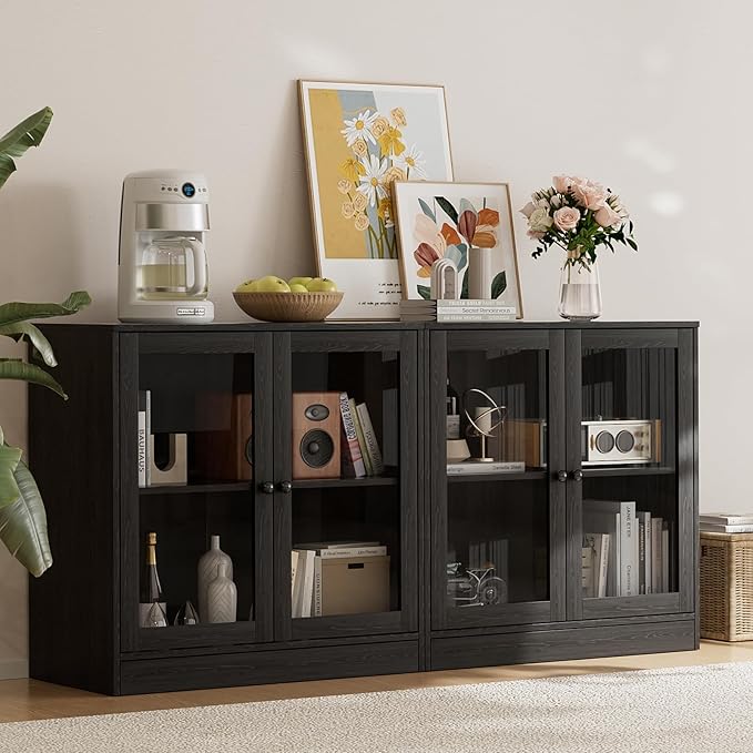 TUSY 71" TV Stand Storage Set - 2 Tall Bookcases & 2 Side Cabinets, Media Console with Glass & Wood Doors, Entertainment Center with Drawers, Tall Media Console for Living Room (Black, ADDA)
