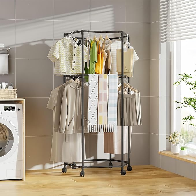 Clothes Rack with Wheels, Hexagonal Rolling Clothing Rack for Hanging Clothes, Clothes Drying Rack, Garment Storage for Bedroom, Laundry, Balcony (68" H)
