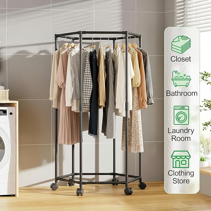 Clothes Rack with Wheels, Hexagonal Rolling Clothing Rack for Hanging Clothes, Clothes Drying Rack, Garment Storage for Bedroom, Laundry, Balcony (47" H)