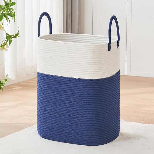 AINUOQI Laundry Basket with Handles - Blanket Basket & Hampers for Bedroom Aesthetic, Laundry Hamper & Blanket Storage for Living Room, Clothes Hamper, Tall, Large 17" x 14" x 23”, White & Dark Blue