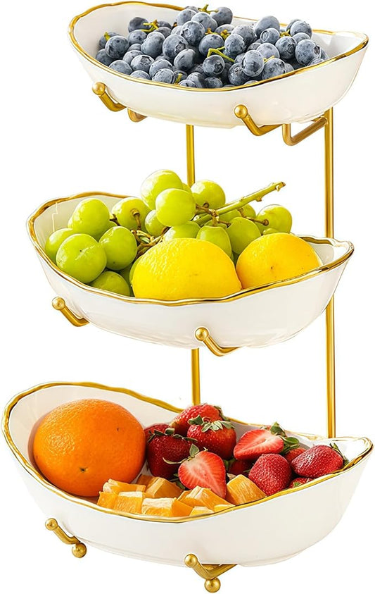 Ceramic Fruit Bowl for Kitchen Counter - 3 Tier Fruit Basket with Metal Stand, Tiered Fruit Stand for Countertop, Snack, Nuts, Cake, Dessert, Cute (Gold-rimmed, Small)