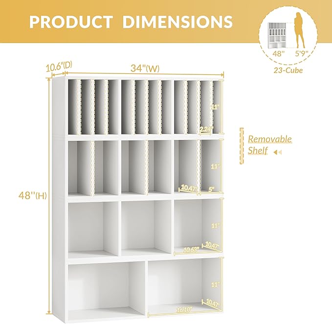 IOTXY DIY Modular Cube Bookcase - CubeXY Customizable Stackable Expandable Combination Set, 23-Cube Open Bookshelf for Books, Fabric Storage Bin, and 7/10-inch Vinyl Record Organizer, White