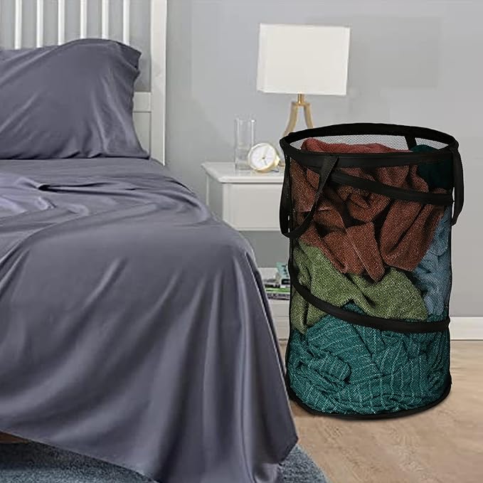 BATTOO 2 Pack Black Large Collapsible Laundry Basket Foldable Mesh Pop Up Hamper with Handles for Laundry Room, Bathroom, Kids Room, College Dorm, Travel, Camping, Gift Basket
