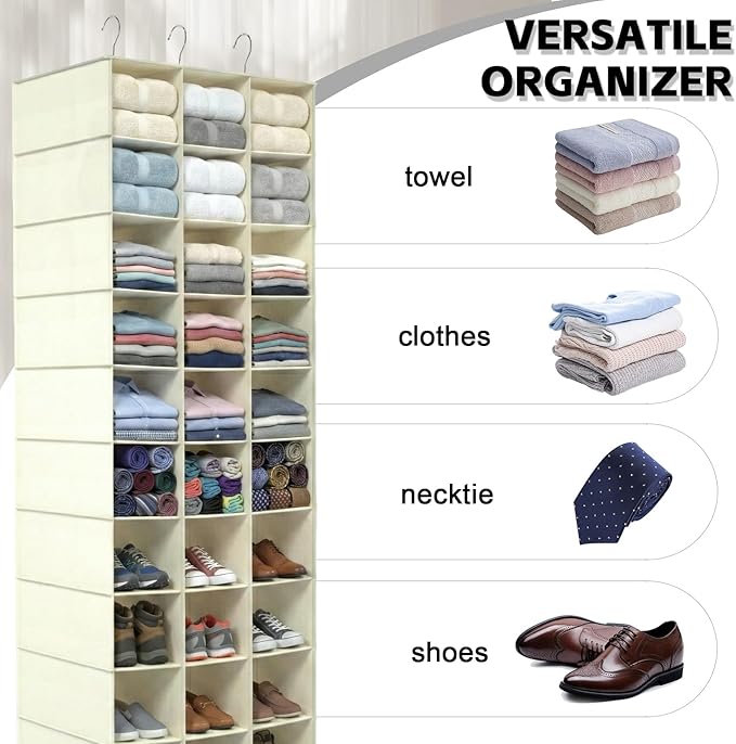 coastal rose Hanging Shoe Organizer for Closet, 30 Sections Hanging Closet Organizers and Storage Shelves Space Saving Shoe Rack Holder, Beige, 17''W×11.5''Dx 48''H
