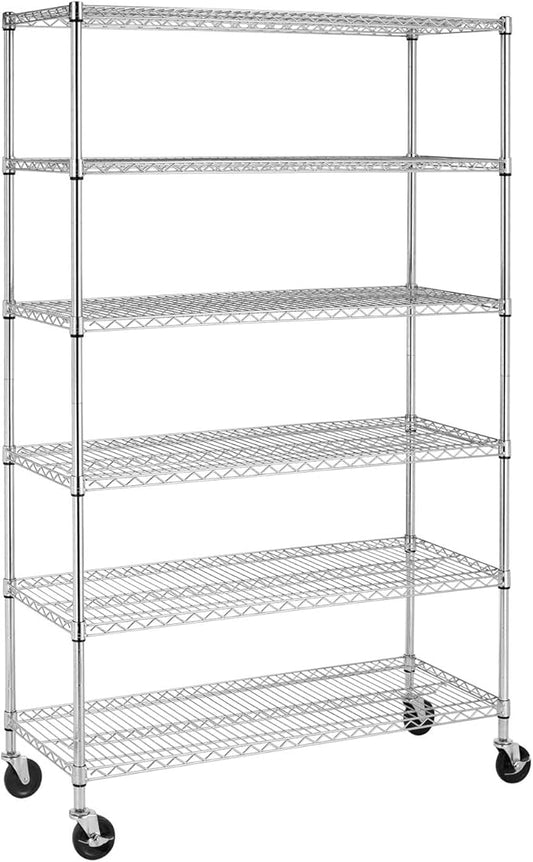 BestOffice | 6-Tier Wire Storage Shelves with Wheels | 18x48x78 | Chrome | Adjustable Racks | Heavy-Duty Metal Shelf, Holds Upto 600 lbs | No-Tool Assembly | Ideal for Home & Garage Shelving