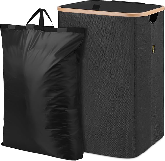 BALEINE Laundry Hamper with Lid, Tall Laundry Baskets with Bamboo Pull Handles, Large Laundry Bin with Internal Support (26Gal/100L, Carbon Black)