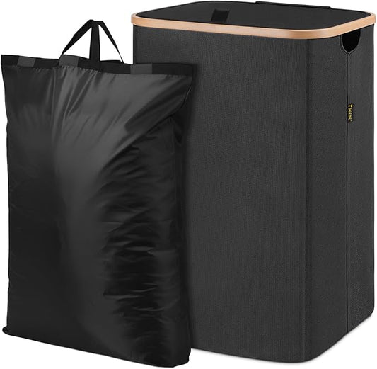 BALEINE Laundry Hamper with Lid, Tall Laundry Baskets with Bamboo Pull Handles, Large Laundry Bin with Internal Support (18 Gal/70L, Black)