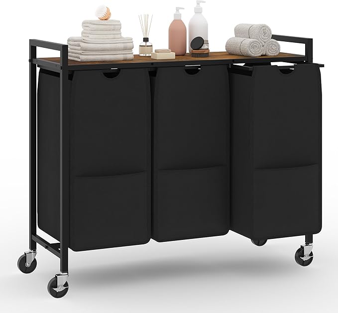 Laundry Sorter with Wheels & 100lb Top Shelf, Rolling 3 Section Removable Pull-Out Fabric Bags Hamper Basket, Sturdy Rustic Brown Black Iron Organizer for Room Organization