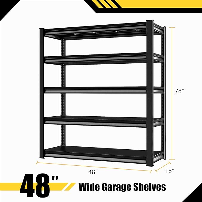Metal Garage Shelving Heavy Duty，2750LBS Loads Garage Storage Shelves, 48”W 5-Tier Adjustable Storage Racks and Shelving Units for Garage Basement and Kitchen, 48”W x 18”D x 78”H,Black