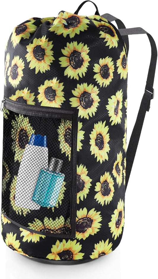 Olosar Laundry Bag Backpack, Extra Large Travel Laundry Bag with Mesh Pocket & Adjustable Shoulder Straps,Dirty Clothes Travel Bag for College Students Dorm,Apartment(Sunflower)