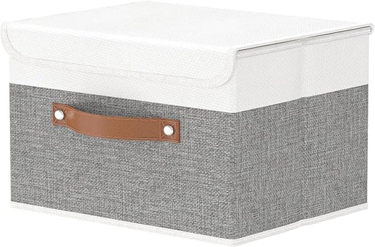 OUTBROS Storage Boxes, Collapsible Storage Bins with Lids, Cotton and linen cloth Storage Baskets with Handle, for Books, Closet, Bedroom, Home, 10.2x7.9x6.7 in, White/Grey