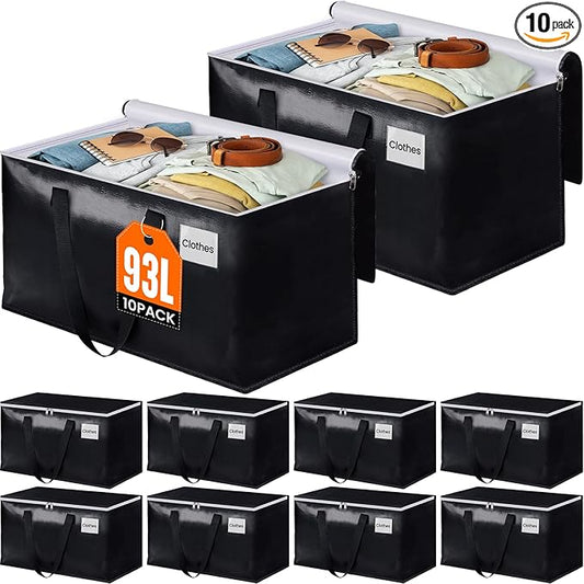 BlissTotes Moving Bags, Heavy Duty Moving Boxes with Zippers Top and Sturdy Handles, Storage Bags for Space Saving and Packing, Collapsible Moving Supplies, Storage Totes (93L, 10-Pack, Black)