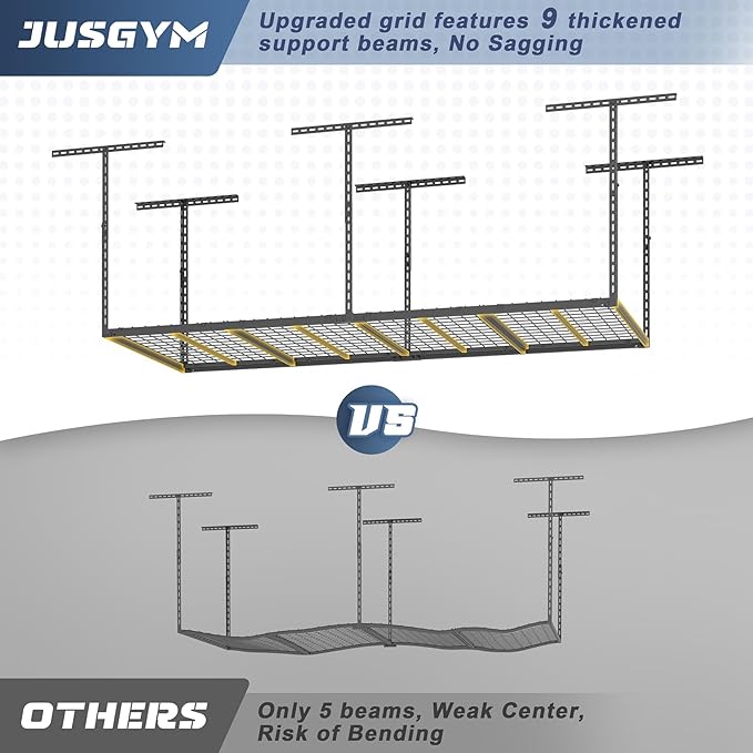 Jusgym 3X8FT Overhead Garage Storage Rack, 26"-40" Height Adjustable Garage Ceiling Storage Racks, Heavy Duty Metal Overhead Storage Organizer System, 750LBS Weight Capacity