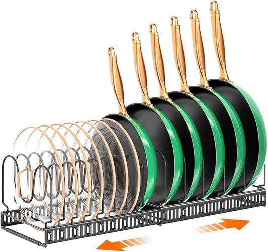 MUDEELA Pots and Pans Organizer Rack for under Cabinet, Expandable Pot Lid Kitchen Cabinet Organizer Holder with 14 Adjustable Compartment Cutting Board Organizer for Pan Lid, Bakeware