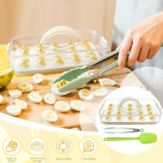 20 Deviled Egg Containers with Lid & Handle,Egg Holder for Fridge PET Thickened Eggs Organizer for Refrigerator Inc Egg Slicer,Kitchen Tongs,Silicone Spatula,Piping Decorating Kit