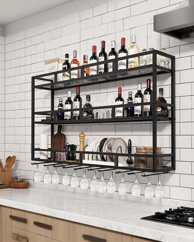59" Large Wine Rack Wall Mounted with Bottle Glass Holder, 3-Tiers Metal Bar Shelves for Liquor Bottles with LED Light, Wall Wine Rack for Home, Restaurant, Commercial Bar, Kitchen Storage Display