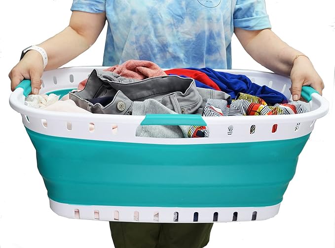 SAMMART 44L Collapsible Plastic Laundry Basket - Foldable Pop Up Storage Container/Organizer - Portable Hamper - (1, White/Bluish-Green), Size : 25.4 x 17.3 x 10.2 inches