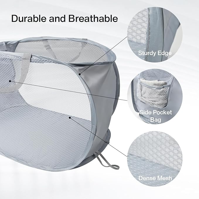 Pop Up Laundry Hamper, Large Collapsible Clothes Basket with Sturdy Handles, Foldable Mesh Storage Bin for Home, Dorm, Travel, Grey
