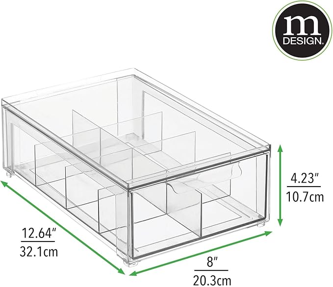 mDesign Plastic Kitchen and Pantry Organizer with Divided Drawer - Stackable Bin with 8 Sections for Tea and Snack Food - Perfect for Organizing Cabinet, Fridge - Lumiere Collection - 2 Pack - Clear