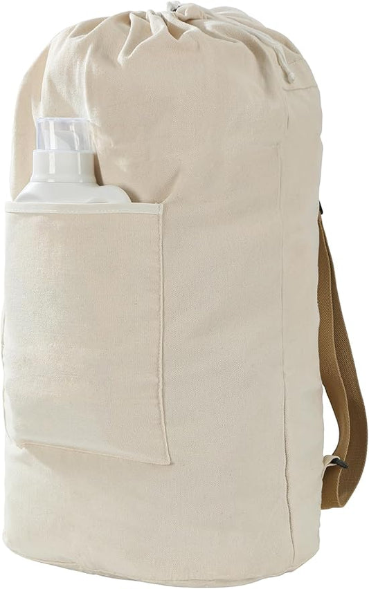 Canvas Laundry bag, Washable Laundry backpack, Adjustable Straps, Large Front Pocket, Drawstring Closure (BEIGE, X-Large)