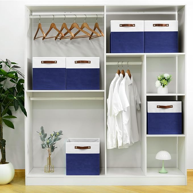 FinishingBo 6-Pack Storage Cubes with Handles & Label Holders Basket, Closet Cube Home Organizer Bins(White/Blue, 13 x 13 x 13 inch)