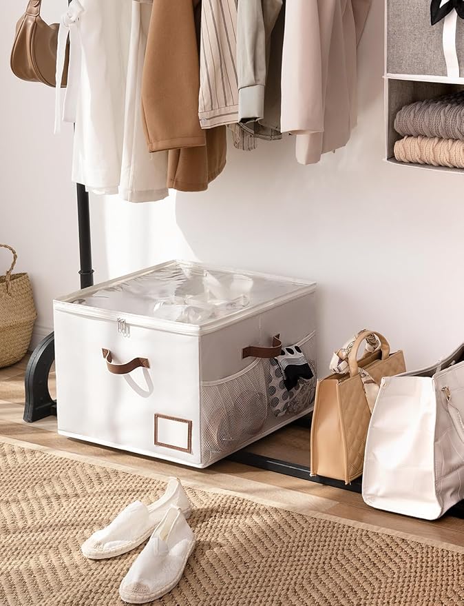 StorageWorks Shoe Organizer for Closet, Shoe Storage Bins with Clear Lid, Fabric Shoe Boxes with Side Mesh Pockets, Closet Shoe Organizer Bin for Slippers and Flats, Holds Up to 16 Pairs, Beige