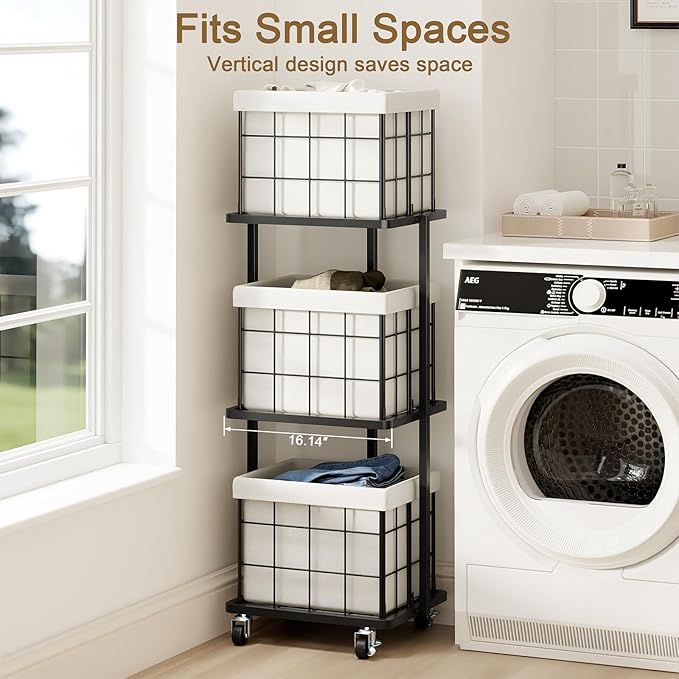 120L Vertical Rolling Laundry Hamper with Removable Bags, 3 Section Laundry Basket with Wheels, Slim Tall 3 Tier Laundry Sorter for Small Spaces, Dorm, Laundry Room, Bathroom, Closet, White